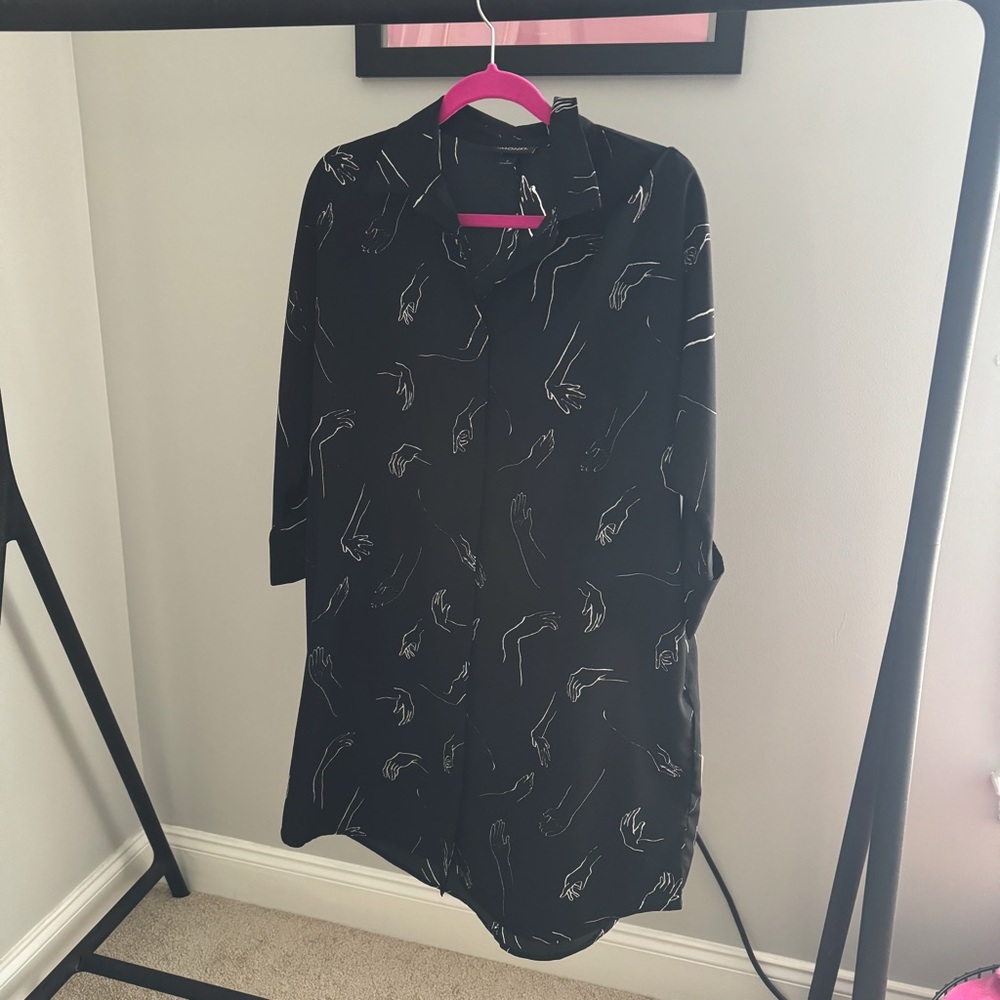 Monki Black Button-Up Shirt Dress with White Line Art Small